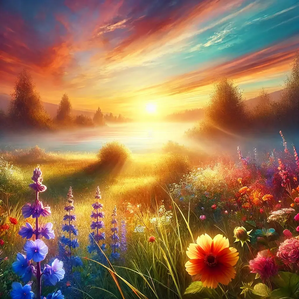 Serene landscape symbolizing healing and hope, with a peaceful sunrise and blooming flowers—focusing on emotional healing without any people or symbols